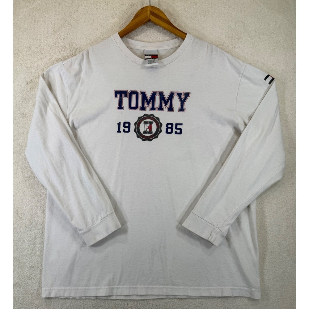Tommy Hilfiger Jeans Mens White Long Sleeve Graphic T-Shirt Tommy 1985 Logo L